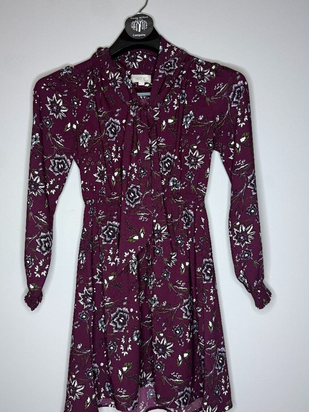 LOFT Dark Academia Plum Dress Floral Tie-Neck Long Sleeves Size XS